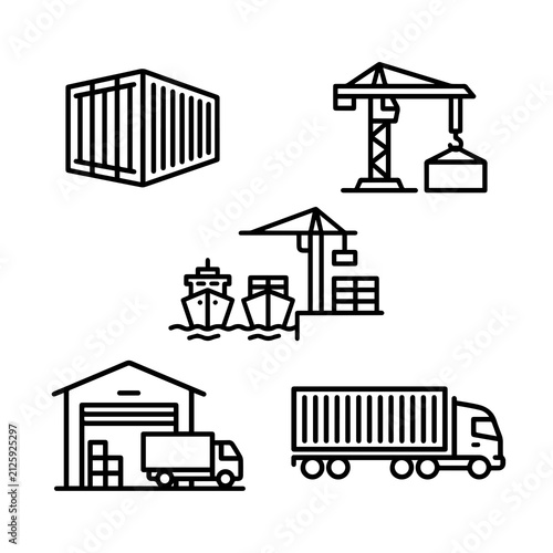 Set of black line for logistics and shipping, showing a cargo container, crane, cargo ship, warehouse, and a large delivery truck
