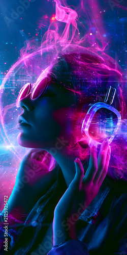 A listener is immersed in music through headphones within a neon digital music bubble. This idea aims to enhance personalized music listening and redefine silent disco experiences.