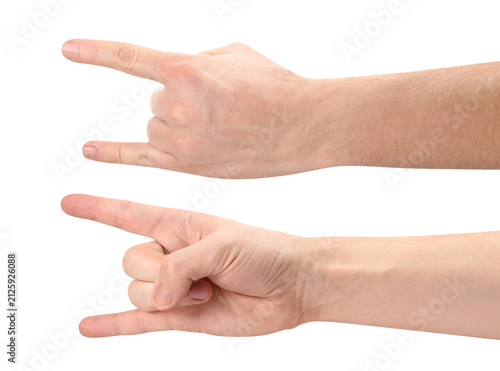 Obraz na plátně Set of male hands making horn fingers signs, isolated on transparent cutout back