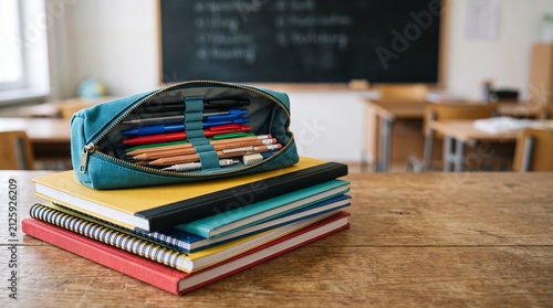 Open pencil case on stack of notebooks on wooden desk in classroom
