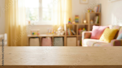 Empty wooden table top with blurred bright living room background