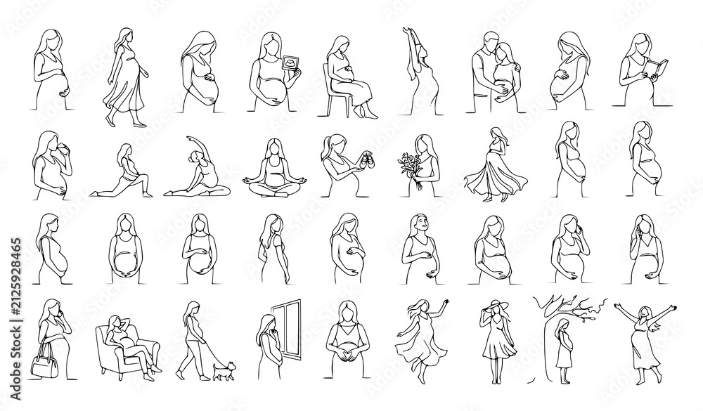 Obraz premium 30 Animated Continuous One Line Pregnancy Silhouette Vector Collection on White Background