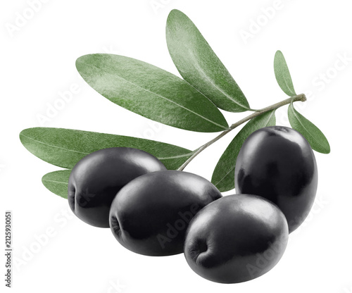 Foto Fresh black olives with leaves, isolated on transparent cutout background