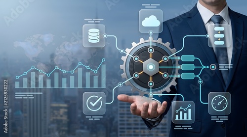 Naklejka Digital workflow automation interface showcasing data management and cloud processing system integration