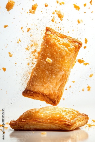 exploding curry puff pastry with filling flying out, isolated on white background