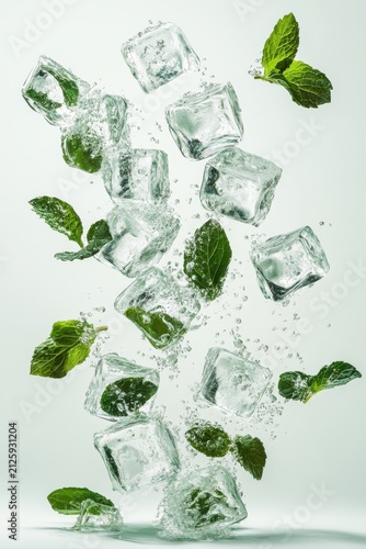 floating ice cubes with mint leaves, isolated on white background