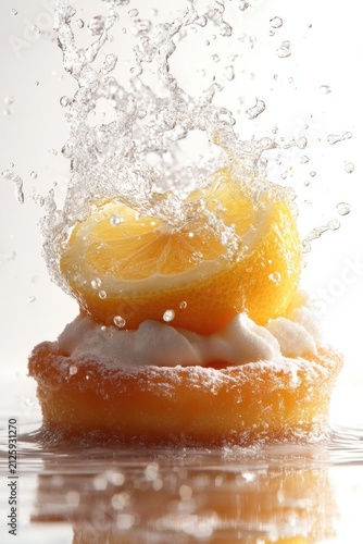 floating lemon tart with sugar powder splash, isolated on white background