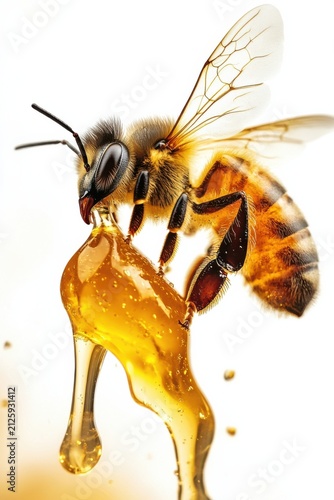 flying honey dipper with honey splash and bee, isolated on white background