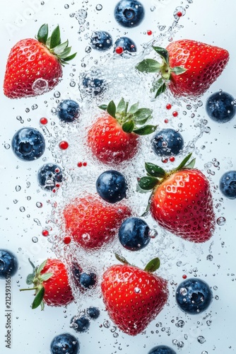 fresh strawberries and blueberries splashing in milk, high-speed photography style, isolated on white background
