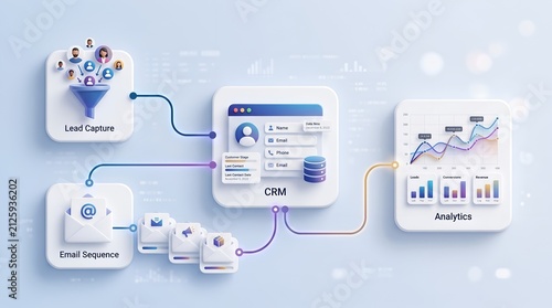 Advanced marketing automation workflow concept displaying highly detailed 3d interfaces for lead generation customer relationship management email sequencing and data analytics dashboards.