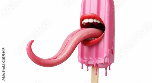 Melting Desire: A 3D rendering with hyper-realistic detail and dramatic lighting, showcasing a vibrant pink popsicle with a luscious, dripping texture and a startlingly human mouth and tongue.