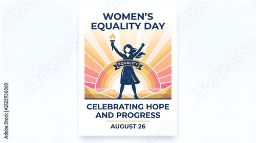 Women's equality day poster design featuring woman holding torch celebrating progress, equality
