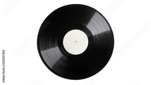 Fotografie Black vinyl record with white label, isolated on transparent background