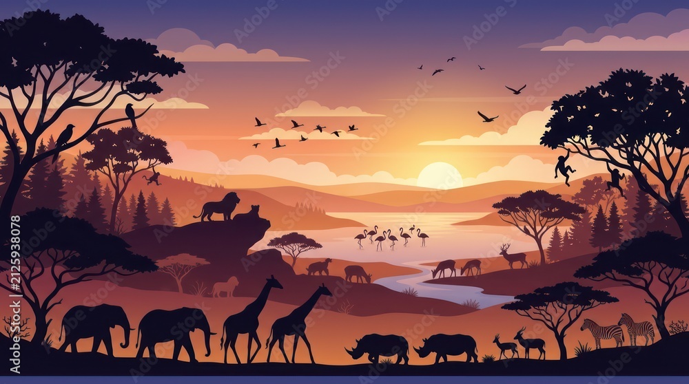 Naklejka premium Safari Sunset African Wildlife Scene.