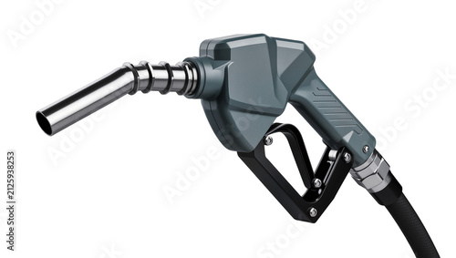 Gray fuel nozzle with chrome spout and black handle, isolated on transparent background