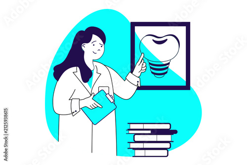 Dental care modern flat concept for web banner design. Dentist consulting patient about teeth implant or dentures and making orthodontic procedures. Illustration with isolated people scene.