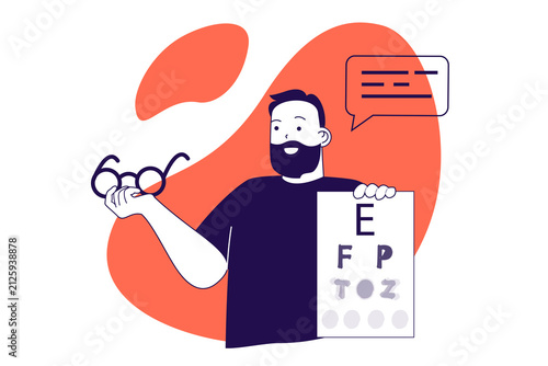 Doctor ophthalmologist modern flat concept for web banner design. Patient making eyesight tests research with chart, getting correction with glasses. Illustration with isolated people scene.