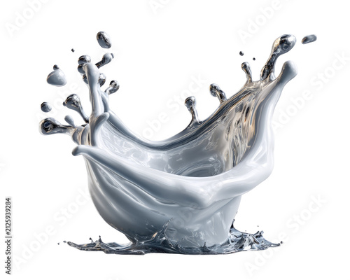 Metallic Splash Creation: A dynamic and abstract splash of liquid silver or mercury frozen in motion, creating a captivating sculptural form with droplets and waves.