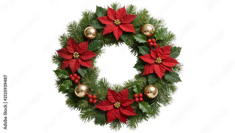 Obraz premium Christmas wreath with red poinsettias gold baubles and holly berries, isolated on transparent background