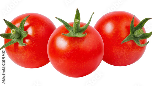 Bild auf Leinwand Three ripe red cherry tomatoes with green stems, isolated on transparent backgro