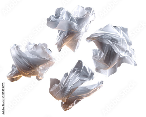 Abstract Forms in Motion: Four ethereal, translucent white forms appear to float and twist in a dynamic composition, evoking a sense of weightlessness and abstract beauty.