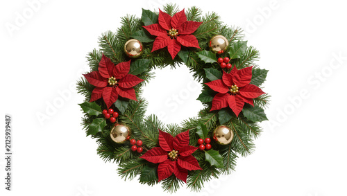 Fotografía Christmas wreath with red poinsettias gold baubles and holly berries, isolated o