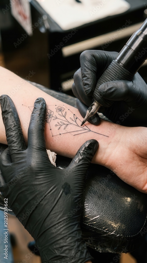 Fototapeta premium Tattooist Crafting Delicate Botanical Linework on a Clients Forearm in a Contemporary Studio Setting