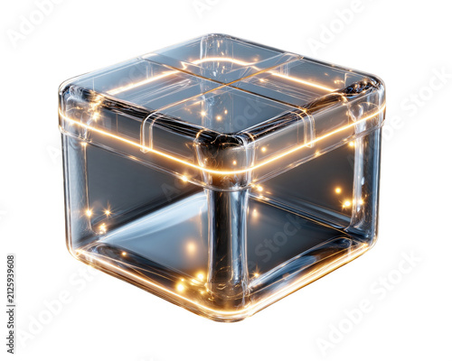 Glowing Geometric Cube: A translucent cube with illuminated geometric patterns and light particles, suggesting innovation, technology, and digital design.