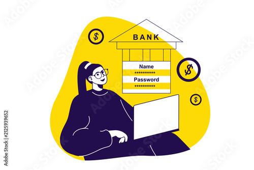 Online banking modern flat concept for web banner design. Woman managing her financial account balance, controlling budget, exchange money online. Illustration with isolated people scene.