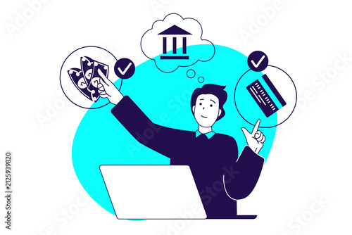 Online banking modern flat concept for web banner design. Man using bank services online, making digital transactions, exchange money, getting cash. Illustration with isolated people scene.