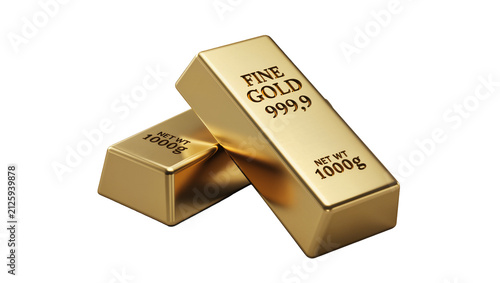 Foto Two shiny gold bars with FINE GOLD 999 9 and NET WT 1000g inscriptions, isolated