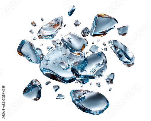 Explosion of Ice: A dynamic composition of shattered ice fragments suspended in motion, catching the light with sharp, crystalline edges. A refreshing and energetic abstract visual.