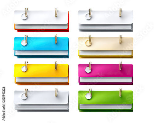 Colorful Note Templates: A collection of eight vibrant rectangular note templates, each with a distinct color and silver clip, offering a clean and organized design for various graphic needs.