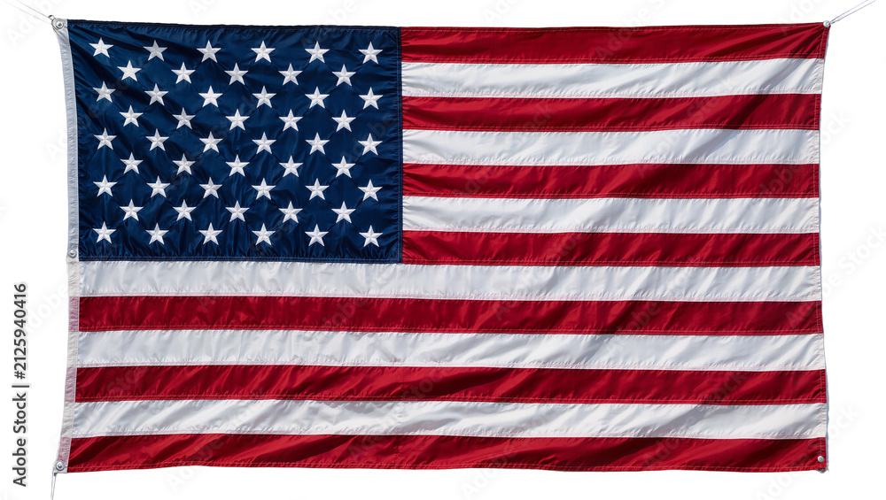 Obraz premium Waving American flag with red and white stripes and blue field with stars, isolated on transparent background