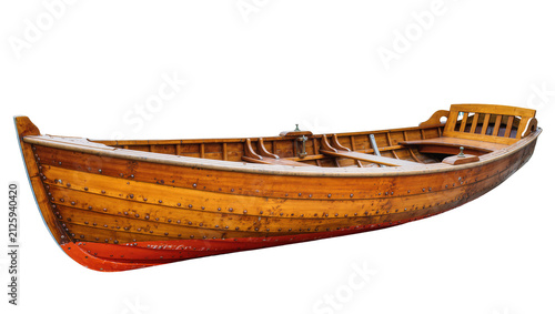 фотографія Wooden rowboat with riveted planks and red hull, isolated on transparent backgro