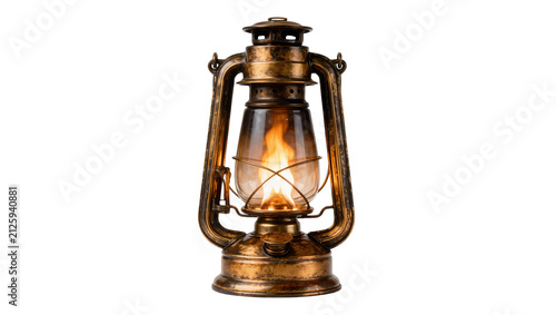 Obraz na plátne Antique brass kerosene lantern with burning flame, isolated on transparent backg
