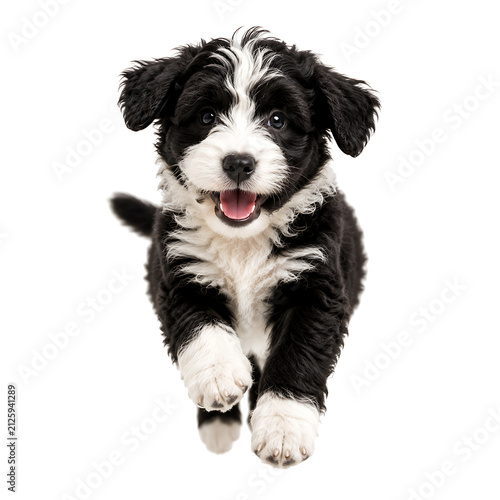 A cute black and white bernedoodle puppy running happily towards the camera on a white background