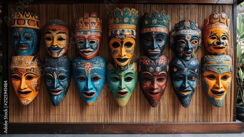Colorful Traditional Handcrafted Wooden Masks Displayed On Rustic Natural Bamboo Wall Background