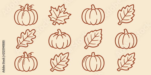 Cuadro en lienzo Collection of hand drawn fall pumpkins and autumn leaves with fall time pumpkins