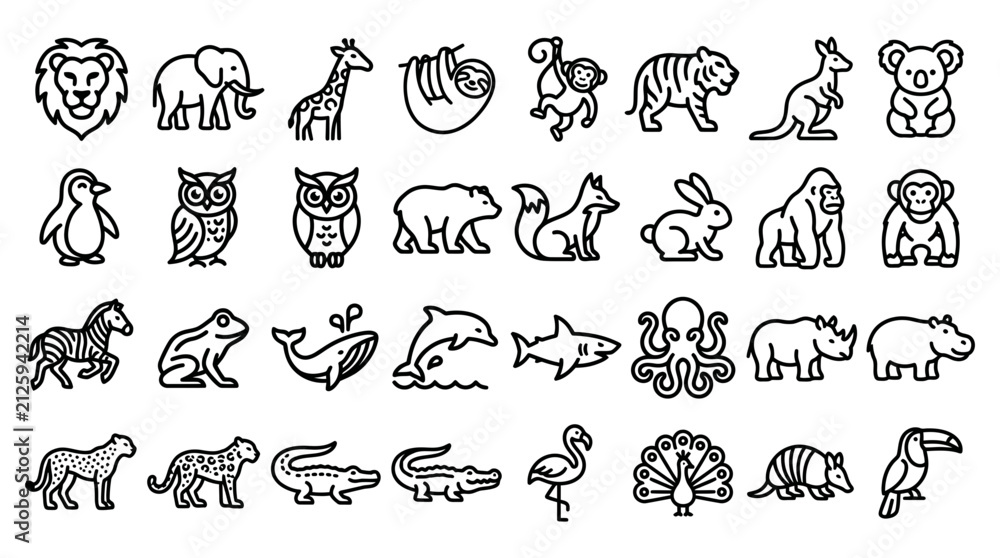 Obraz premium Collection of wild animals line icons including mammals birds and aquatic creatures with wildlife creature collection