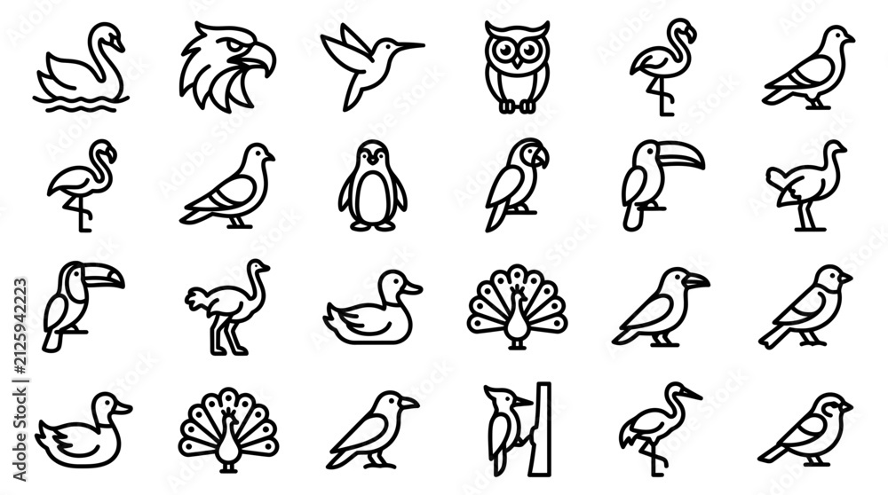 Obraz premium Collection of various bird species line icons including waterfowl and exotic tropical birds with wildlife, hummingbird