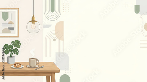 Minimalist wooden table with coffee and plant decor.