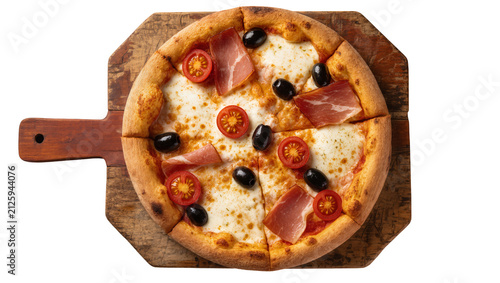 Canvastavla Whole pizza with prosciutto olives and tomatoes on a wooden board, isolated on t