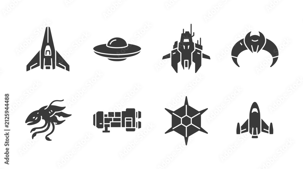 Fototapeta premium Set of black and white icons representing various futuristic spaceships and science fiction spacecraft designs.