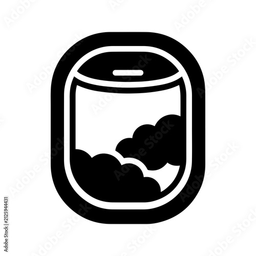 Black silhouette of an airplane window showing clouds outside, representing air travel and flight experience on white background