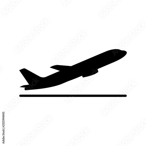 Minimalist black silhouette of a passenger airplane taking off from a runway on a clean white background, for travel