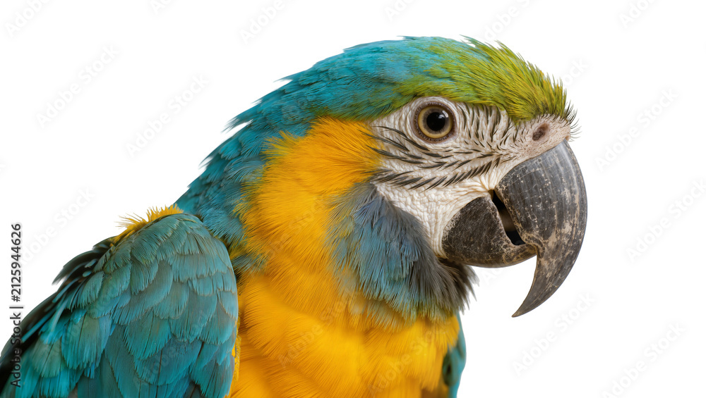 Obraz premium Blue and yellow macaw parrot head detail, isolated on transparent background