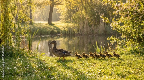 Mother duck leading line of ducklings on grass by a pond