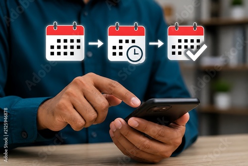 Person using smartphone with calendar scheduling app interface and icons