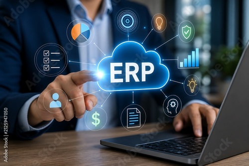 Business professional interacting with erp cloud system on laptop in modern office